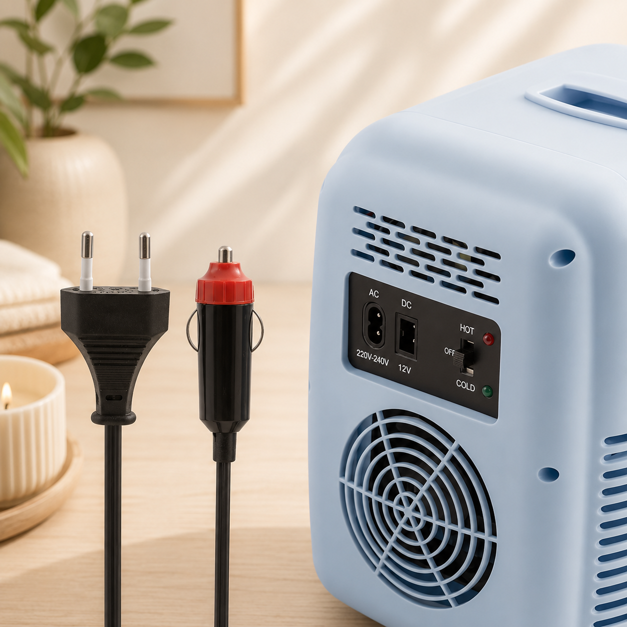 Arrière du mini-frigo cosmétique avec double alimentation