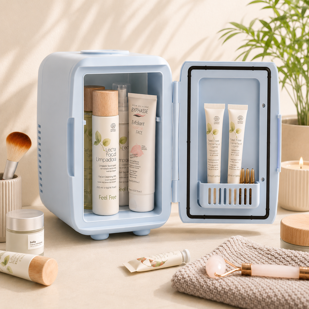 Mini-frigo cosmétique ouvert avec produits skincare
