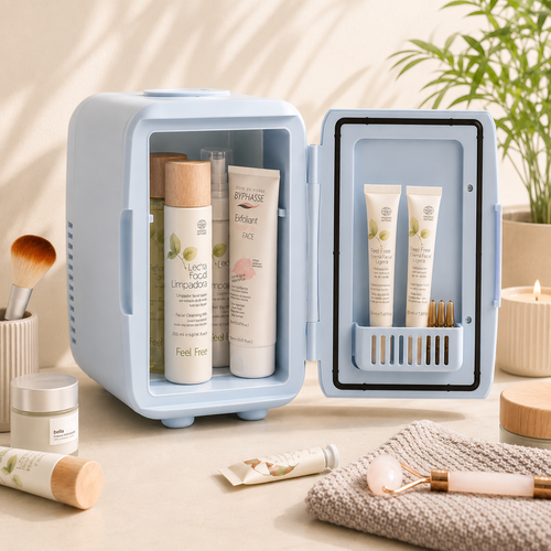 Mini-frigo cosmétique ouvert avec produits skincare